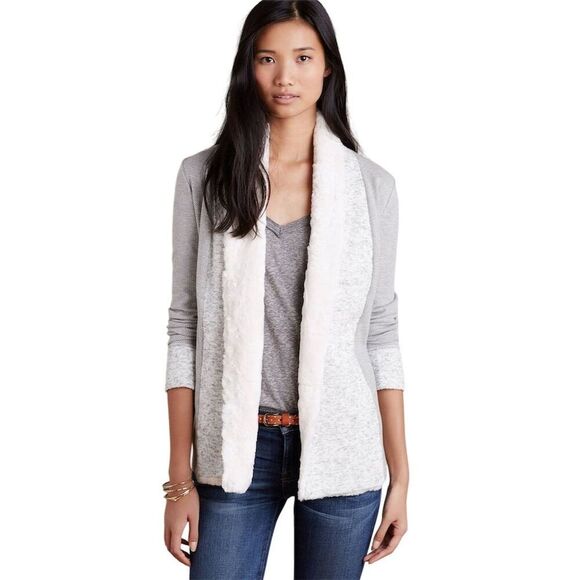 Anthropologie Women's Gray Faux Fur Trim Cardigan Sweater S Cottagecore Fall - Picture 2 of 14